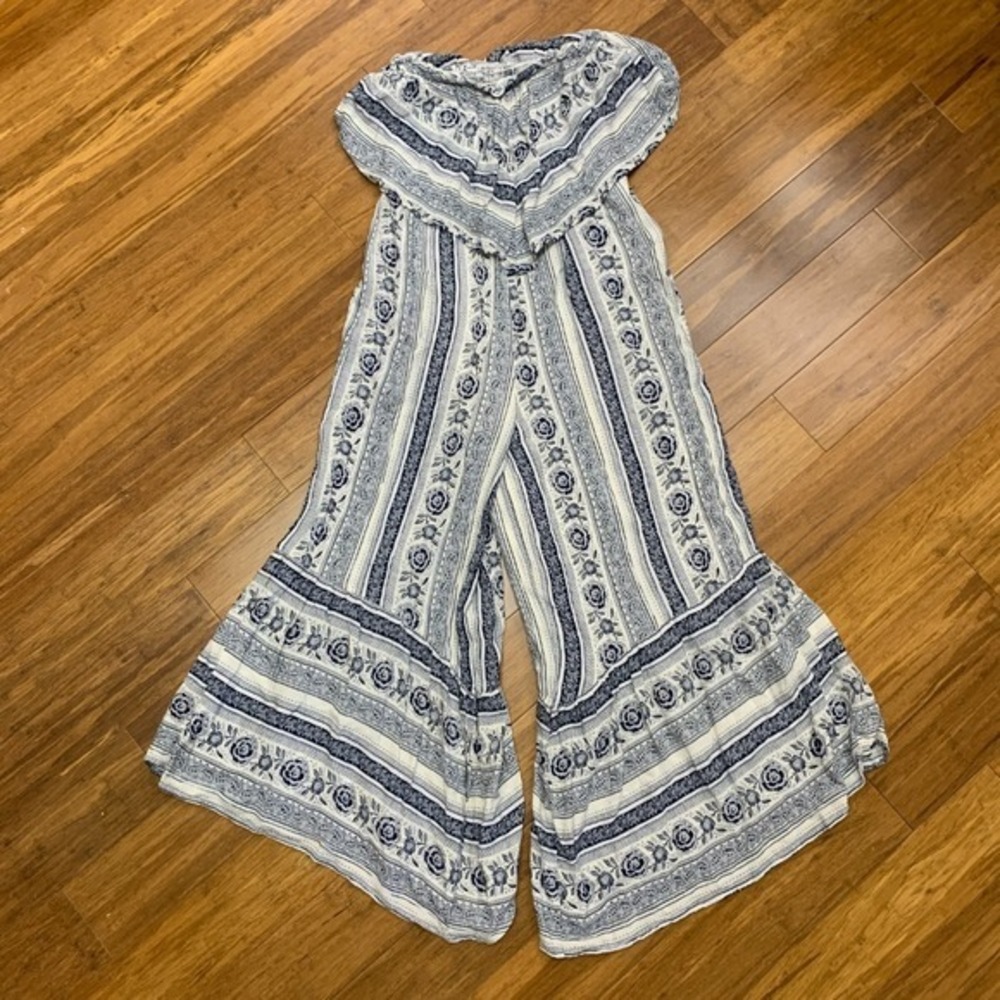 American‎ Eagle Womens XS Jumpsuit White Blue Floral Strapless Wide Leg Palazzo